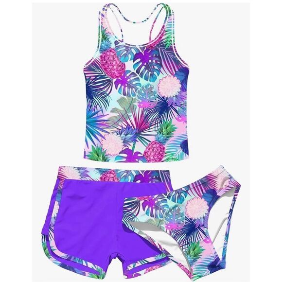 NEW Girls 3 Pc Bathing Suit UPF 50+ Swimsuit Shorts Tankini 14/15 Yrs - Picture 1 of 6